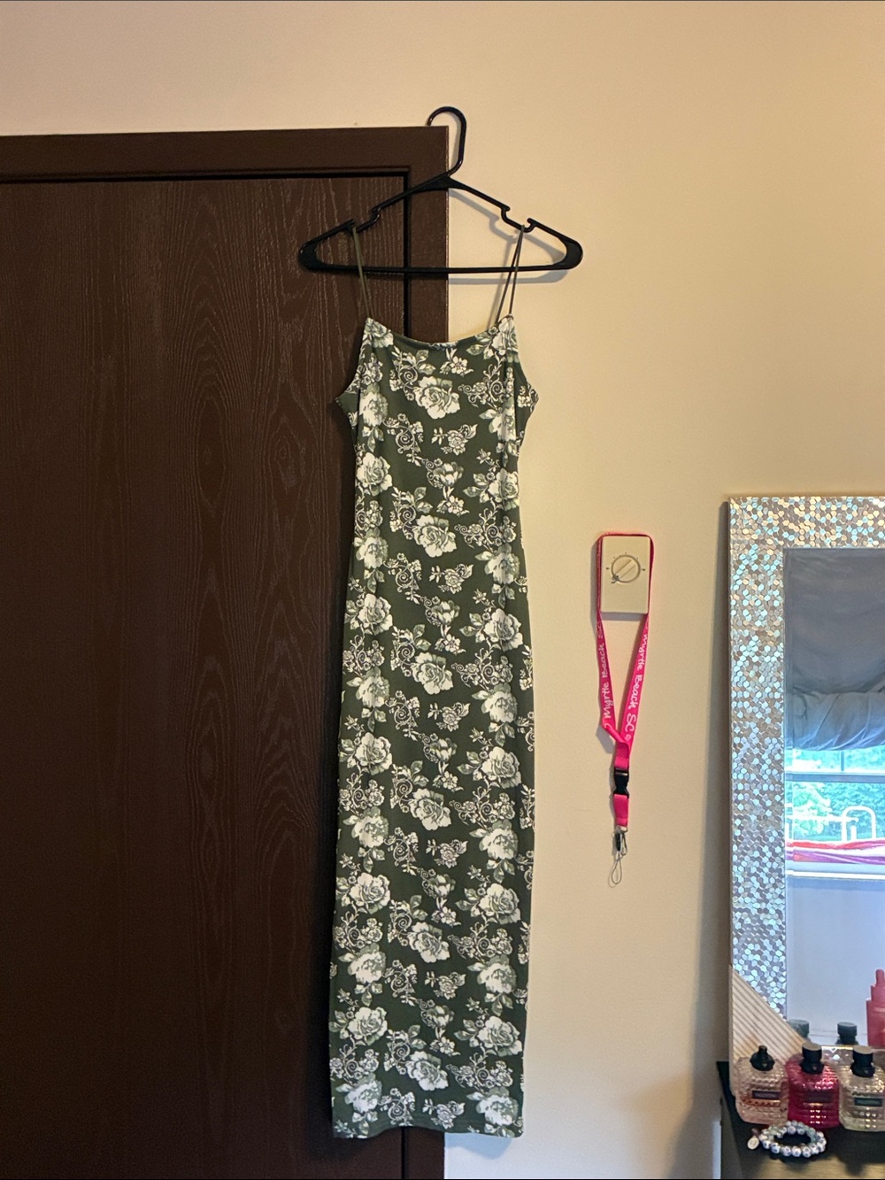 Olive Green Floral Slip Midi Dress with Spaghetti Straps